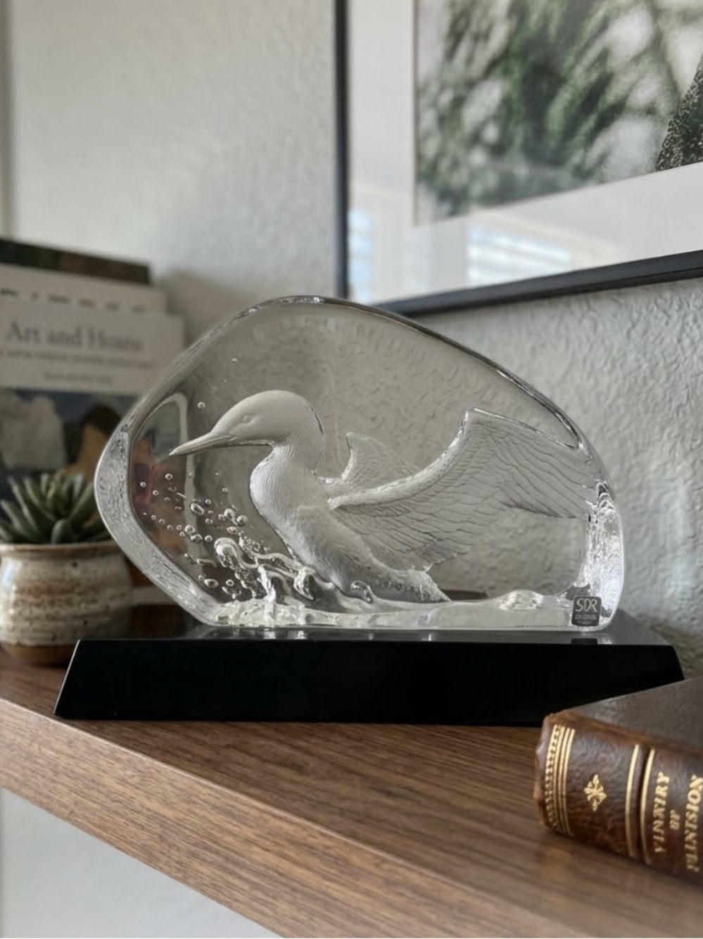 Vintage Large Signed Mats Jonasson Etched Duck Bird 
Lead Crystal Sweden
Signed